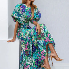 Elegant Blue Floral Lantern Sleeve Dress oldfloraldress-250126