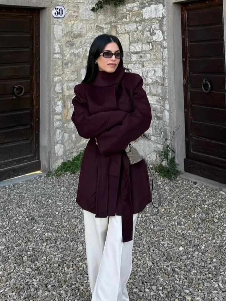 Burgundy Lace-Up Wool Coat Coats-241208