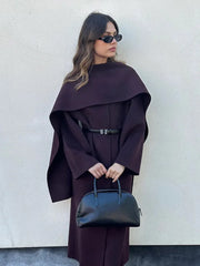 Burgundy Scarf Collar Woolen Coat