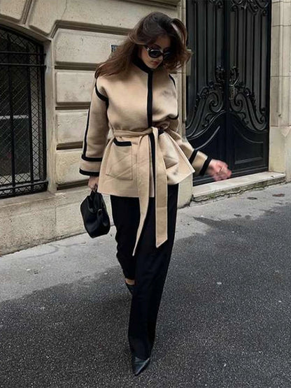 Elegant Contrast Woolen Belts Long Sleeve Pockets Casual Coats