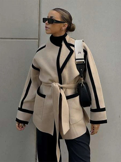 Elegant Contrast Woolen Belts Long Sleeve Pockets Casual Coats