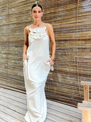 Cotton Linen Split 3D Flower Solid Sling Maxi Dress floraldress-250126