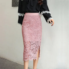 Elegant Lace Skirt with Double Slits Slimming Plus Size Skirt Pink / M