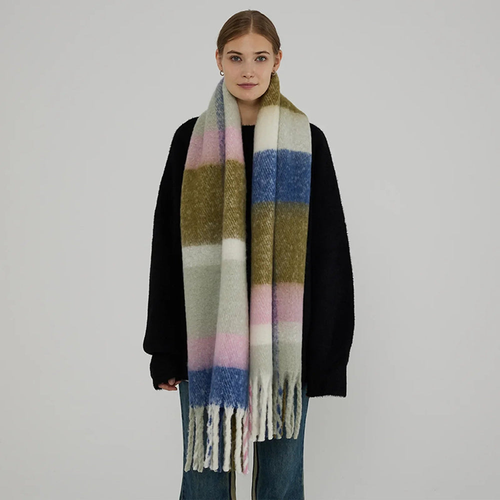 Thick Warm Tassel Contrast Color Scarf For Autumn/Winter Green Pink 231X42Cm Scarfs-L