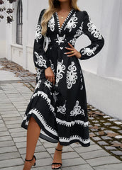 Elegant Printed V-neck A-line Boho Dress bohodress-250126