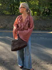 Ruffles Lace Up V Neck Gauze Blouse blouse-250223