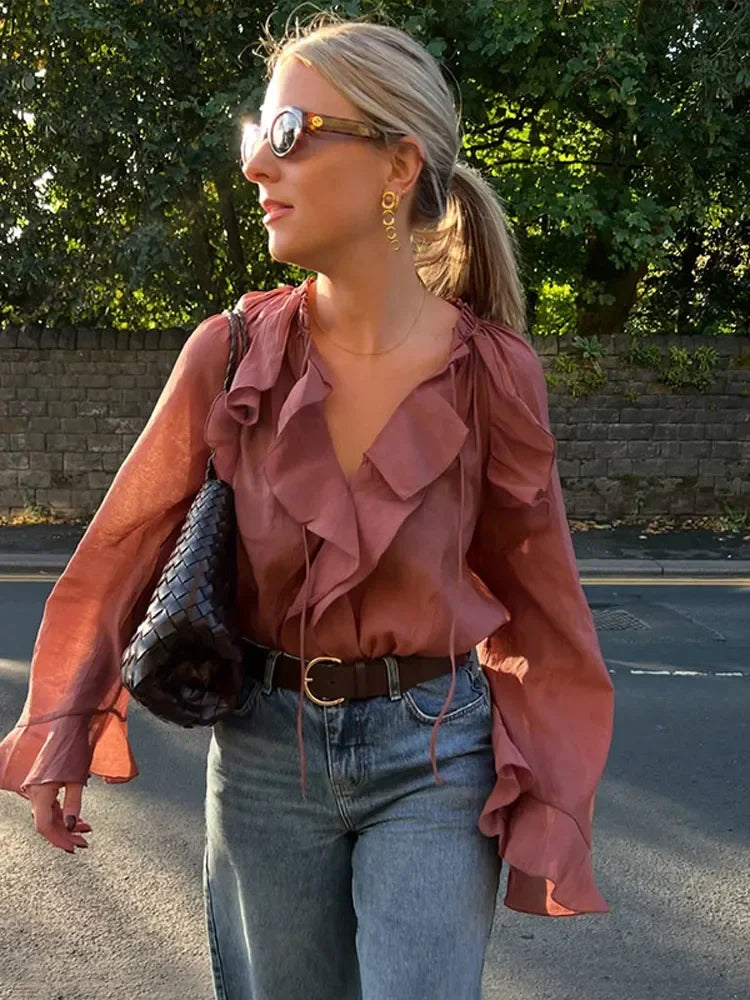 Ruffles Lace Up V Neck Gauze Blouse maroon / S blouse-250223