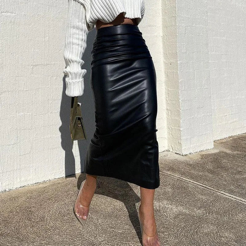 Elegant Ruched PU Leather High Waist Midi Skirt