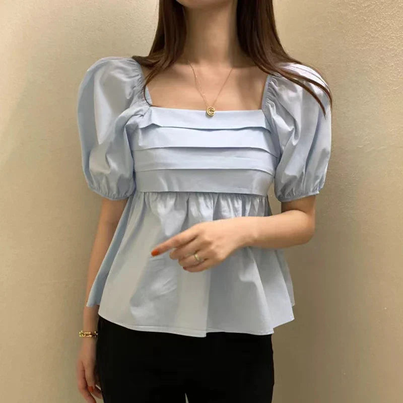 Square Neck Puff Sleeve Casual Pleated White Blouse blouse-250126