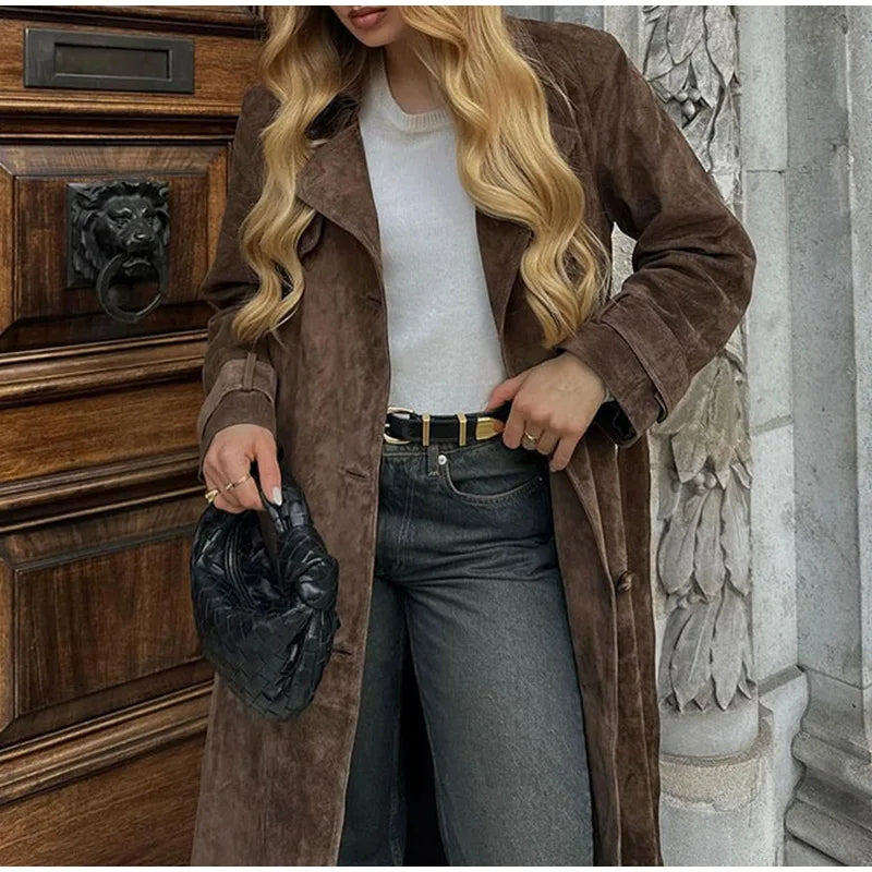 Suede Leather Chocolate Belted Overcoat