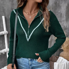 Fashion Color Blocked Retro Dark Green Zipper Half Open Christmas Sweater Sweaters-L