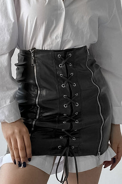 Eyelet Strap Pack Hip Leather Skirt