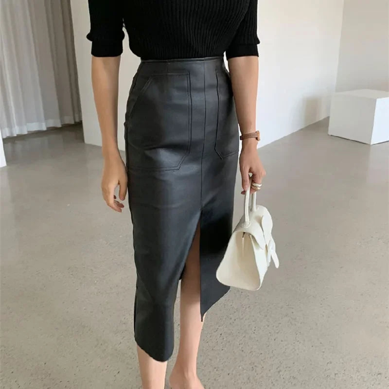 Fall Winter Chic Split Design Slim Straight Faux Leather Skirt