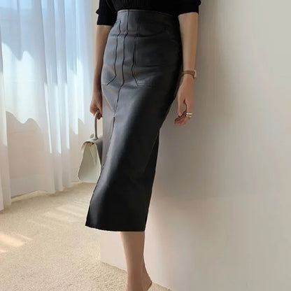 Fall Winter Chic Split Design Slim Straight Faux Leather Skirt