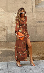 Fall Single Breasted Printed Leopard V Neck Long Sleeve Big Hem Dress