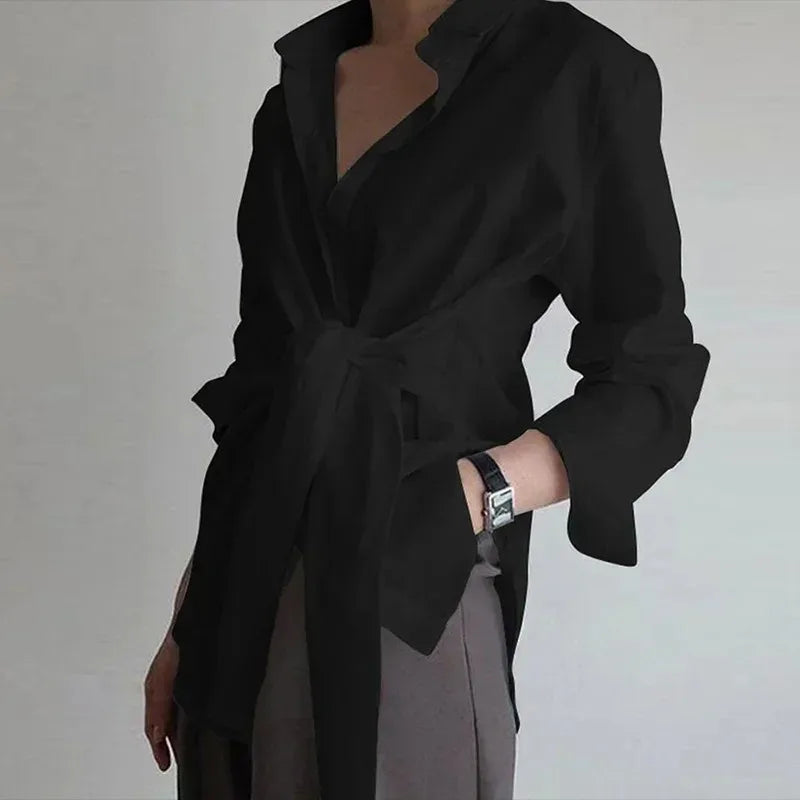 Long Sleeve Ruched Lace-up White Blouse Black / S blouse-250126