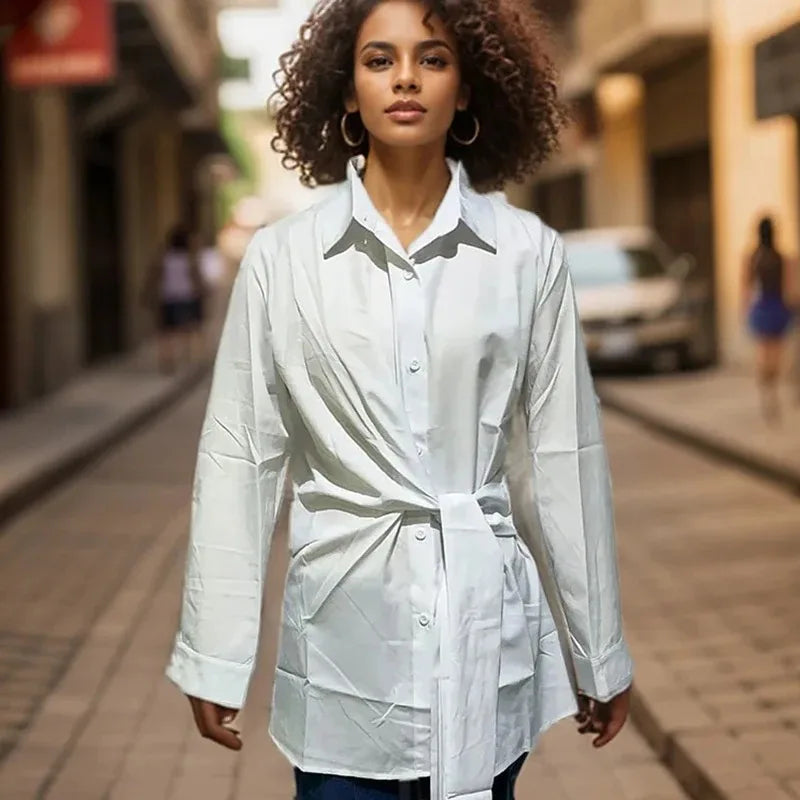Long Sleeve Ruched Lace-up White Blouse blouse-250126