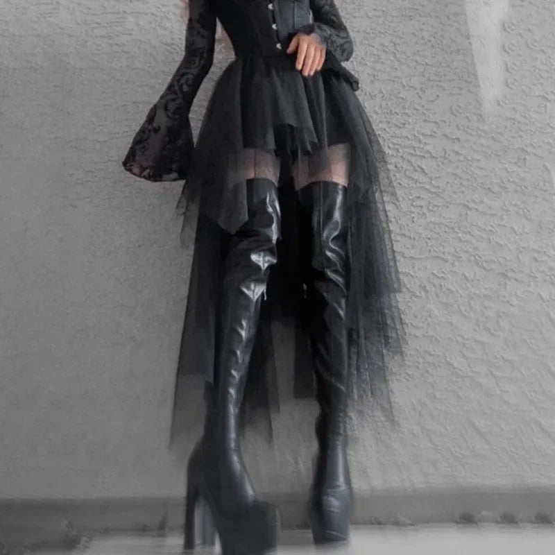 Fashion Net Yarn High-Waisted Irregular Gothic Summer Skirt