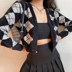 Plaid Black White Knitted Cardigan