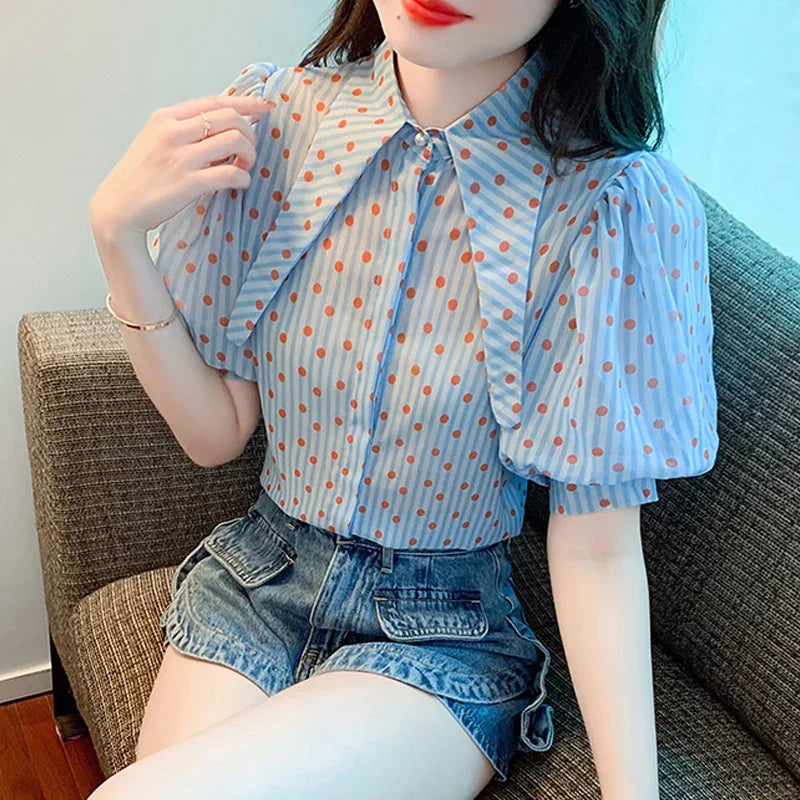 Polka Dot Print Elegant Loose Puff Sleeve Blouse blouse-250126