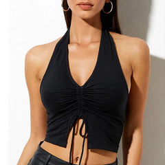Fashion Women Lace Up Halter Black Sleeveless Drawstring Slim Fit Crop Club Summer Camis Streetwear
