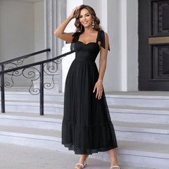 Fashionable Evening Dress Lace up Shoulder Pleated Hem Mesh Dress