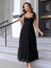 Fashionable Evening Dress Lace up Shoulder Pleated Hem Mesh Dress