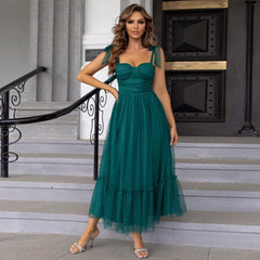 Fashionable Evening Dress Lace up Shoulder Pleated Hem Mesh Dress