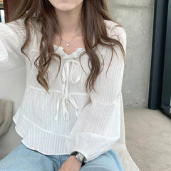 Vintage Loose White Ruffled Long Sleeve Blouse blouse-250126