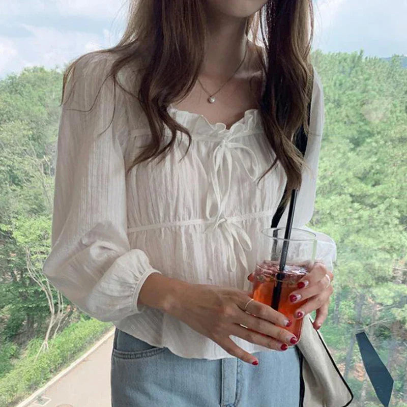 Vintage Loose White Ruffled Long Sleeve Blouse WHITE / S blouse-250126