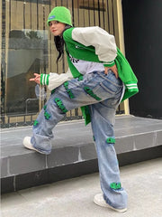 Embroidery Hiphop Flocking Autumn Wide-Leg Fashion High Waist Style Pants Jean