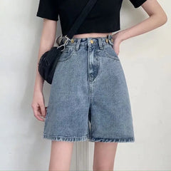 Streetwear Summer Half High-Waisted Belted Loose Female Short Fashion Jean Blue / S
