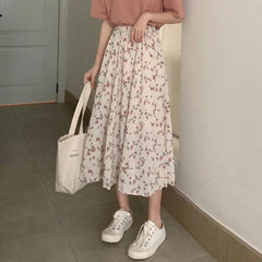 Floral A-Line Long Skirt Summer Sweet Style Women white / S skirt-250126