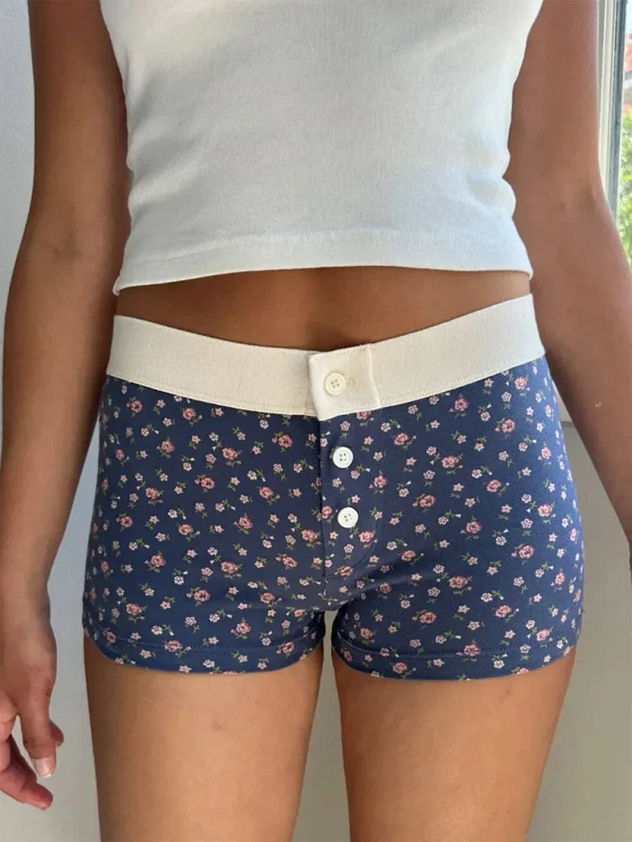 Floral Button Elastic Waist Short Blue / S short-250223