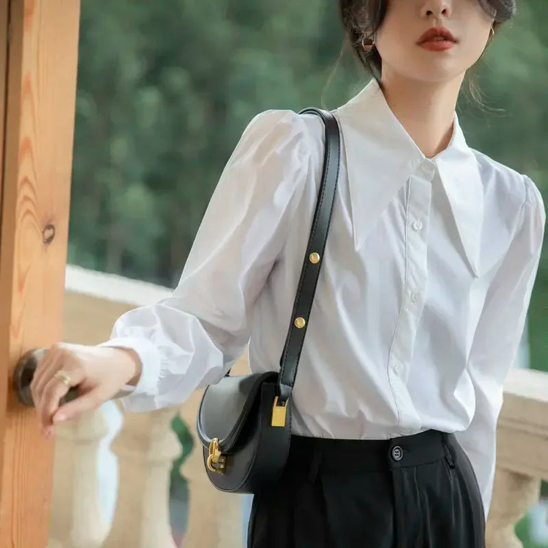 Chic Puff Sleeve Turn Down Collar White Blouse blouse-250126