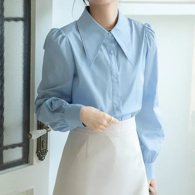 Chic Puff Sleeve Turn Down Collar White Blouse blouse-250126