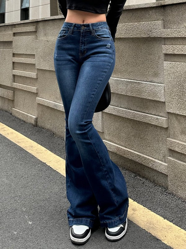 Blue Wash Distressed Stretch Flare Jeans Flare Jeans