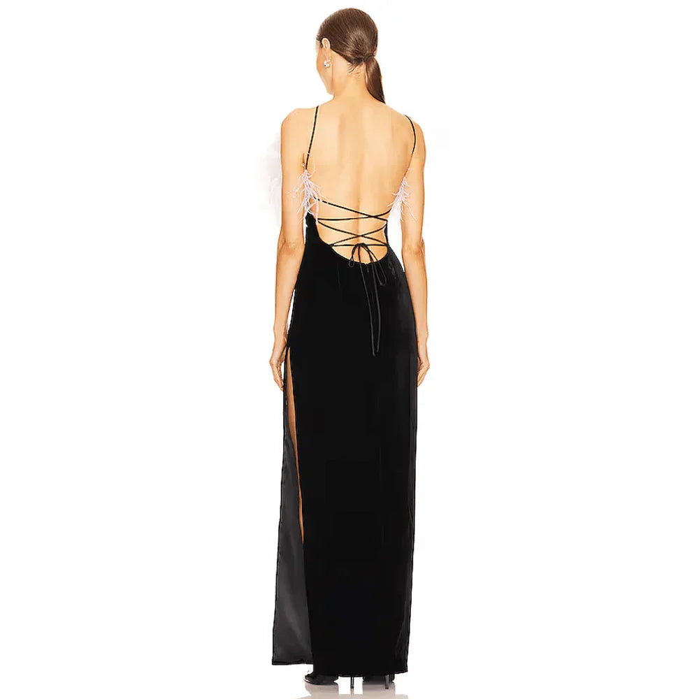 Feather Split Maxi Party Dress Partydress-241208