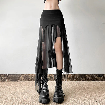 Goth Streetwear Fashion Club Alt Irregular Mesh Harajuku Hem Patchwork Cyber Mid Y2K Skirt