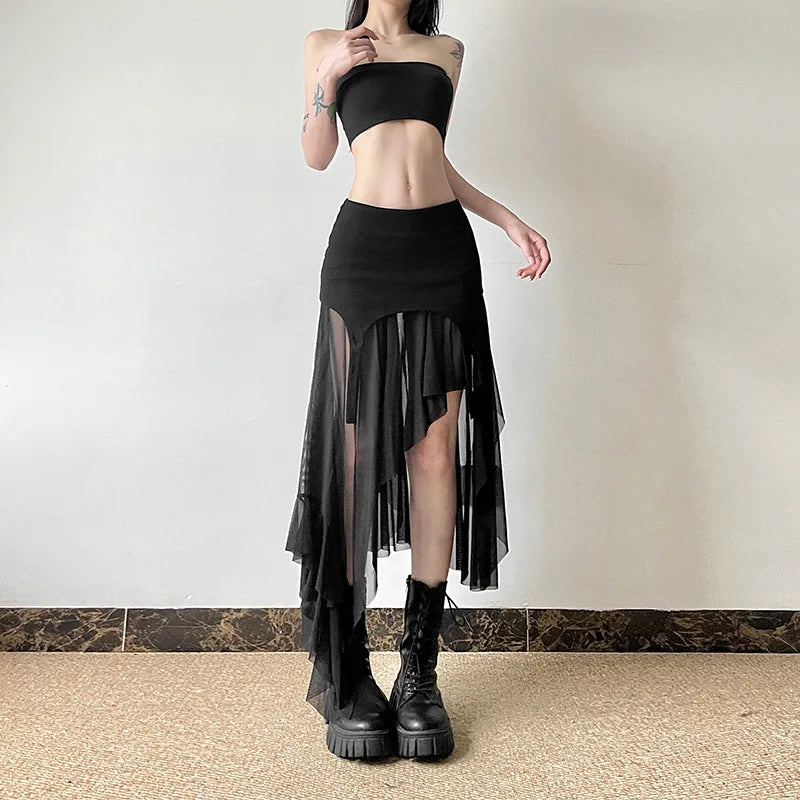 Goth Streetwear Fashion Club Alt Irregular Mesh Harajuku Hem Patchwork Cyber Mid Y2K Skirt