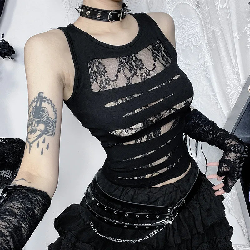 Dark Punk Sexy Bodycon Out Gothic Techwear Lace Crop Mall Grunge Cut Splice Top