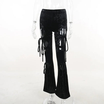 Gothic Black Velvet High Waist Hollow Out Pant