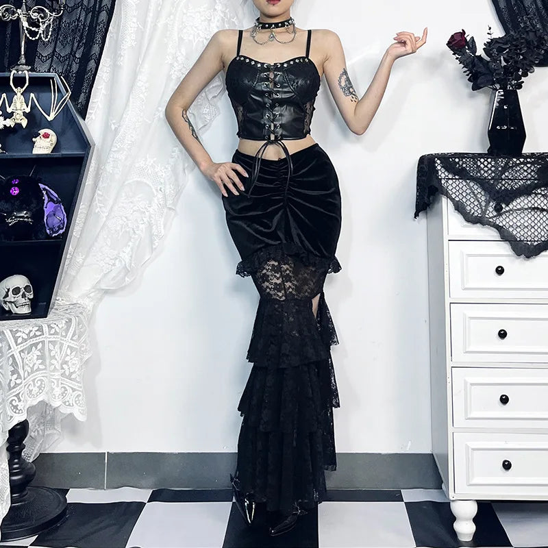 Gothic Velvet Fishtail Multi-Layer Splicing High Waist Lace Skirt