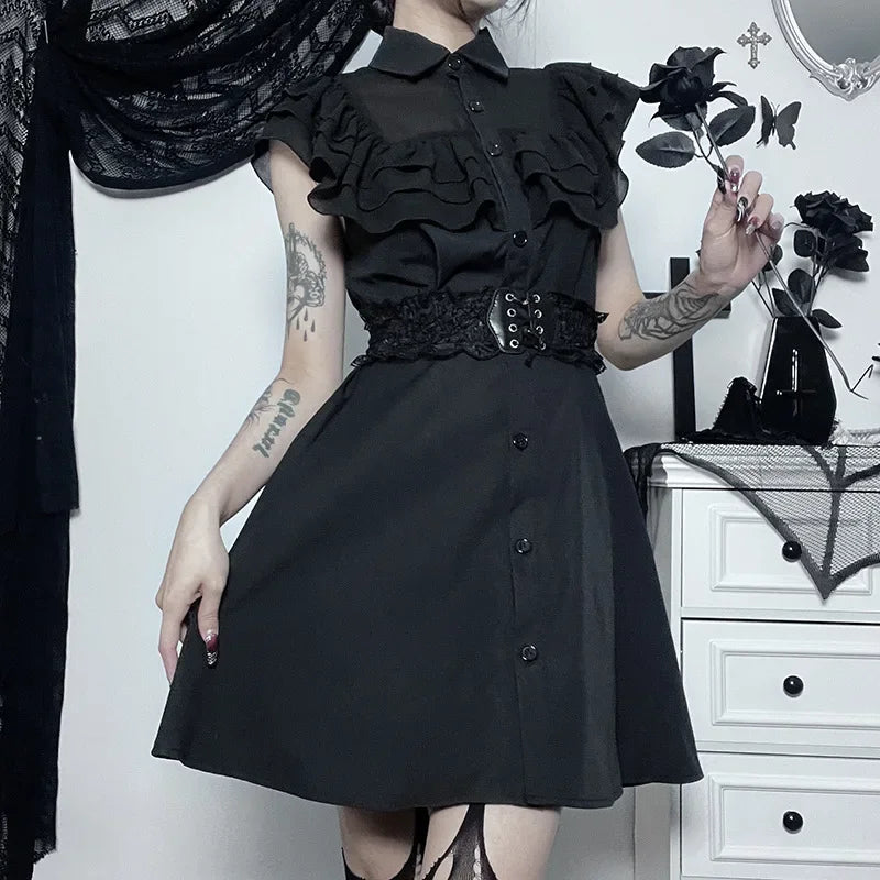 Gothic Slim Patchwork Party Mall Streetwear Harajuku Aesthetic E-Girl Grunge Mesh Black A-Line Outfit Sexy Gown