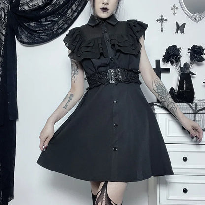 Gothic Slim Patchwork Party Mall Streetwear Harajuku Aesthetic E-Girl Grunge Mesh Black A-Line Outfit Sexy Gown