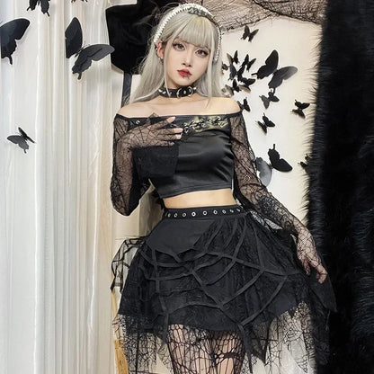 Gothic Y2K Harajuku Spider Web Patchwork Lace Tassel Mini Skirt