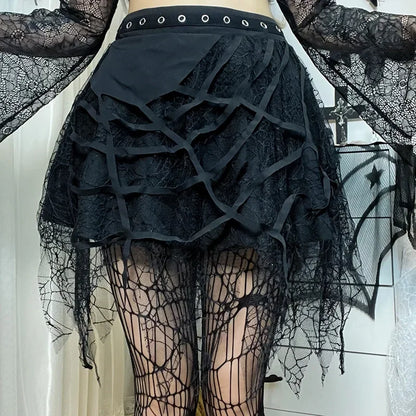 Gothic Y2K Harajuku Spider Web Patchwork Lace Tassel Mini Skirt