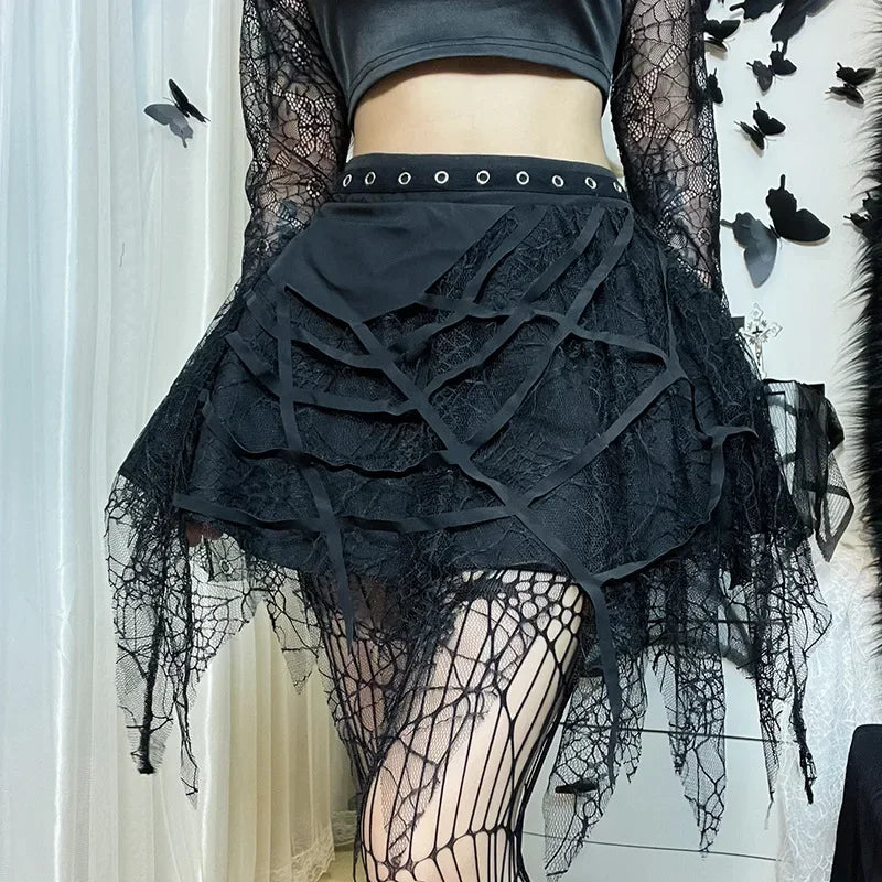 Gothic Y2K Harajuku Spider Web Patchwork Lace Tassel Mini Skirt