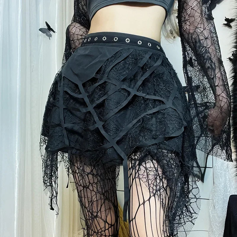 Gothic Y2K Harajuku Spider Web Patchwork Lace Tassel Mini Skirt