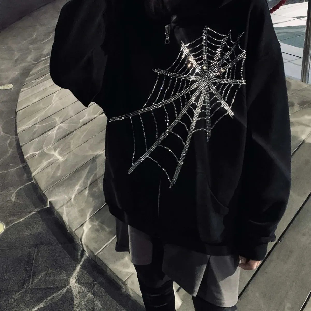 Gothic Punk Spider Web Dark Grunge Zipper Hoodie